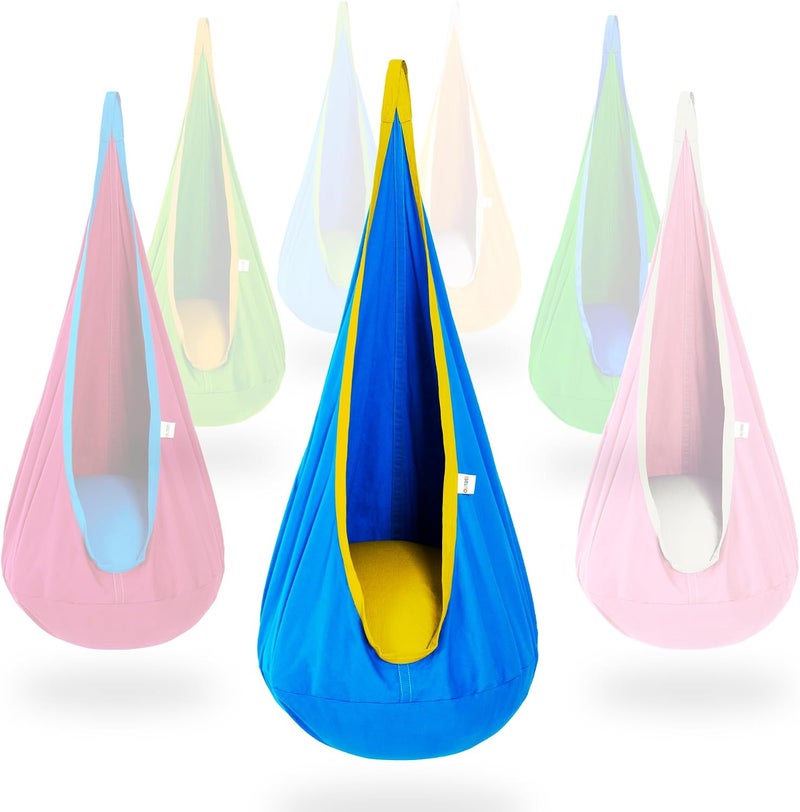 OUTREE Kids Pod Hanging Swing Seat Hammock,100% Cotton Child Swing Hammock Chair for Indoor and Outdoor use,Blue and Yellow - Image 1