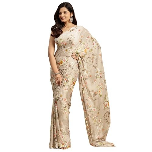 RATAN Women's Chiffon Floral Printed Saree without Blouse Piece(JALP-36908_Beige) - Image 1