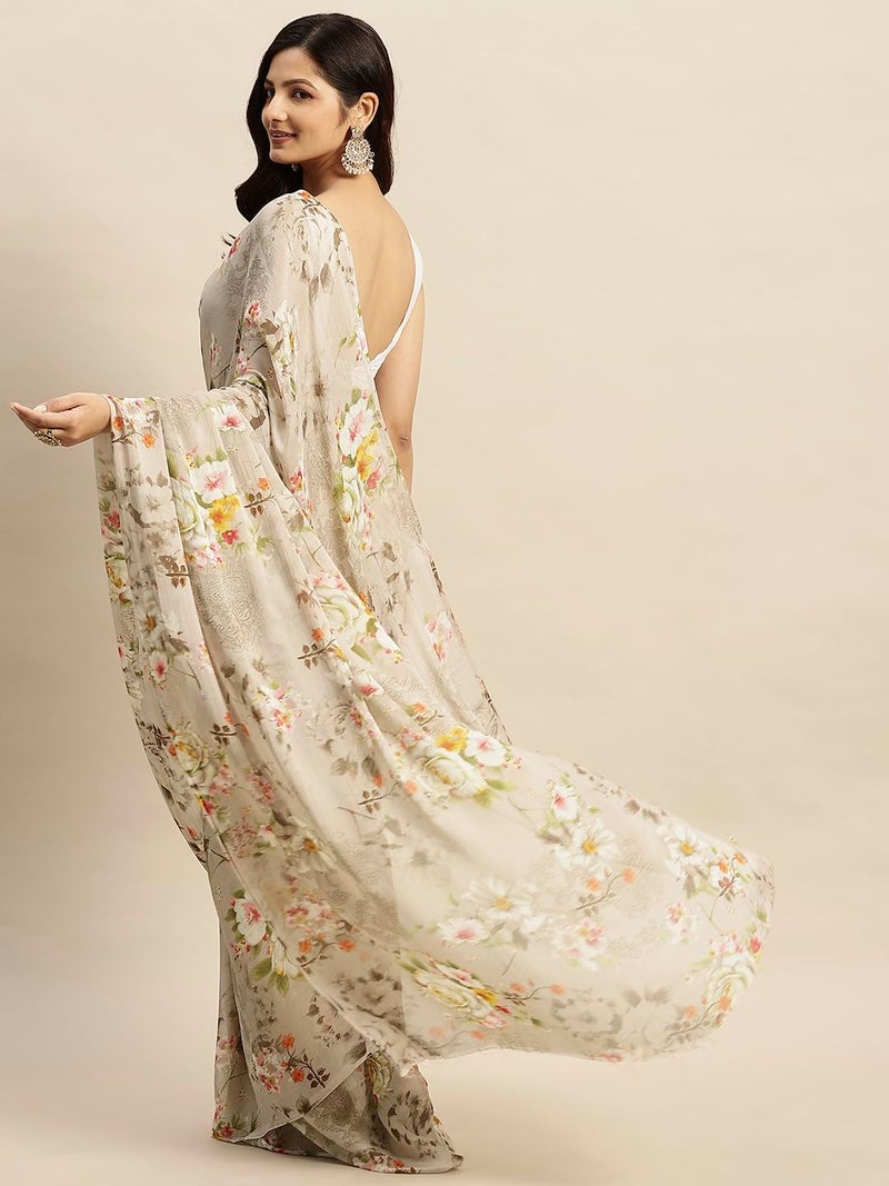 RATAN Women's Chiffon Floral Printed Saree without Blouse Piece(JALP-36908_Beige) - Image 2