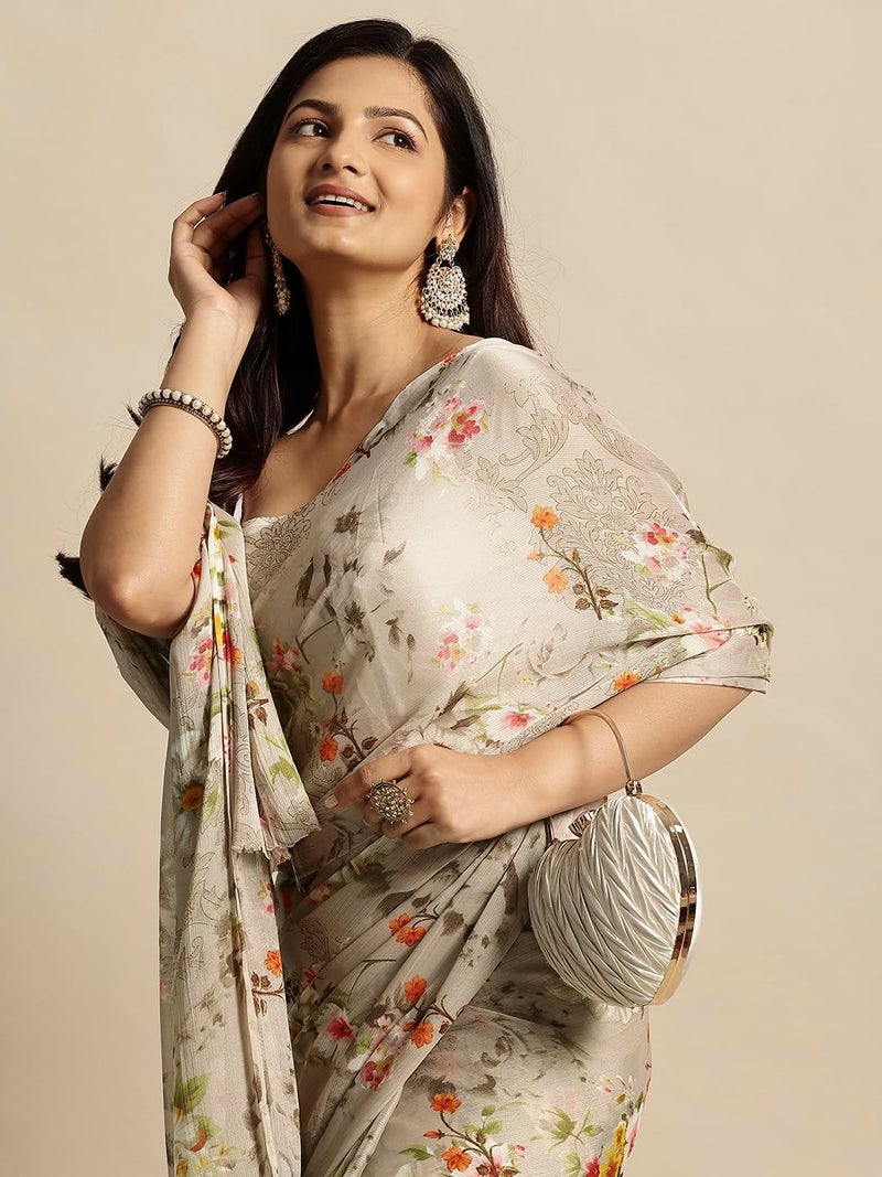 RATAN Women's Chiffon Floral Printed Saree without Blouse Piece(JALP-36908_Beige) - Image 3
