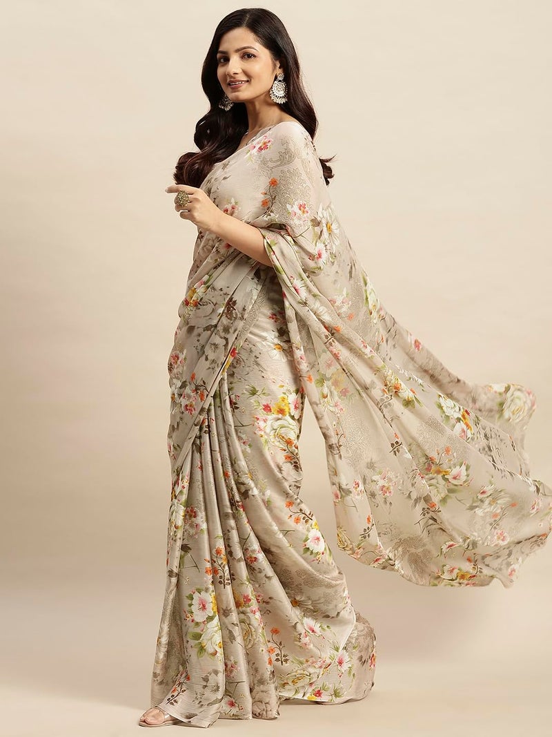 RATAN Women's Chiffon Floral Printed Saree without Blouse Piece(JALP-36908_Beige) - Image 4