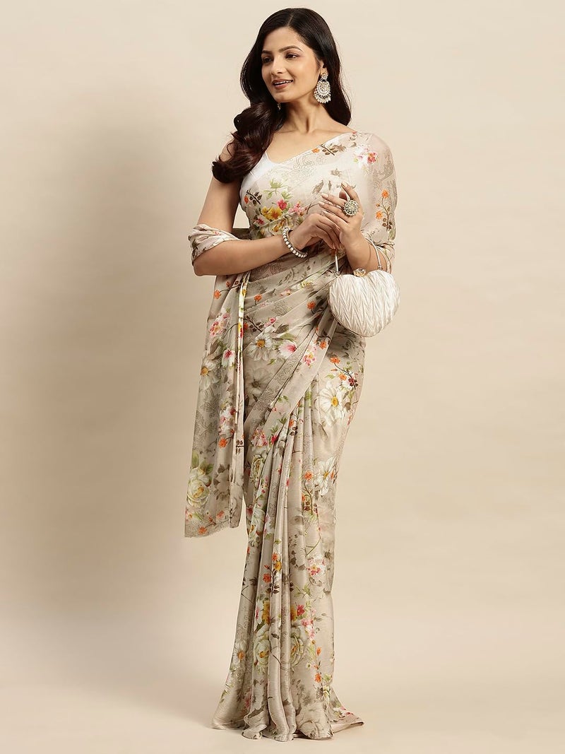 RATAN Women's Chiffon Floral Printed Saree without Blouse Piece(JALP-36908_Beige) - Image 5