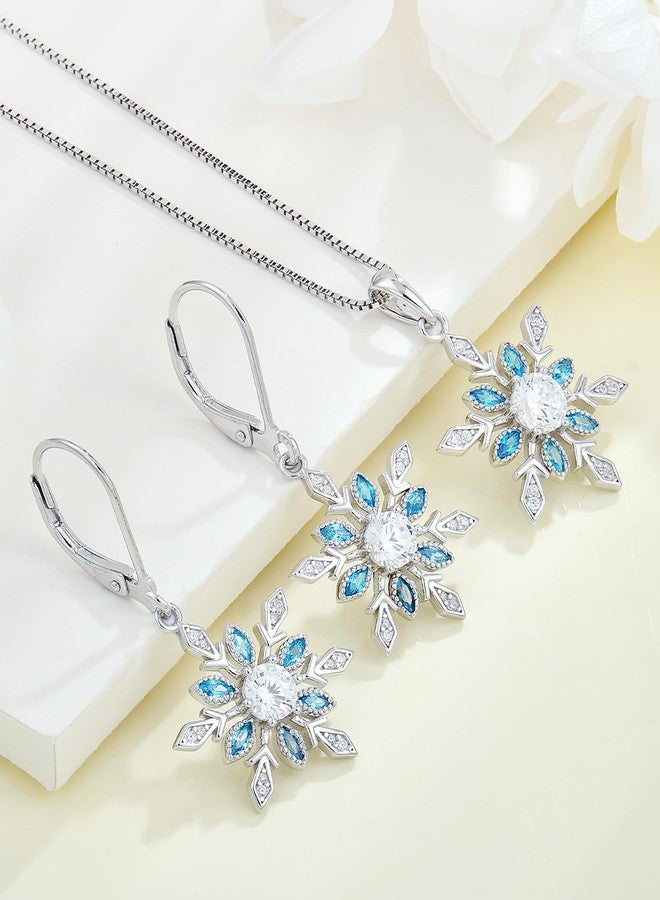 YL Blue Aquamarine Snowflake Christmas Winter Earrings for Women, Solid Sterling Silver 18K White Gold Plated Created Birthstone Dangle Leverback Jewelry - Image 4