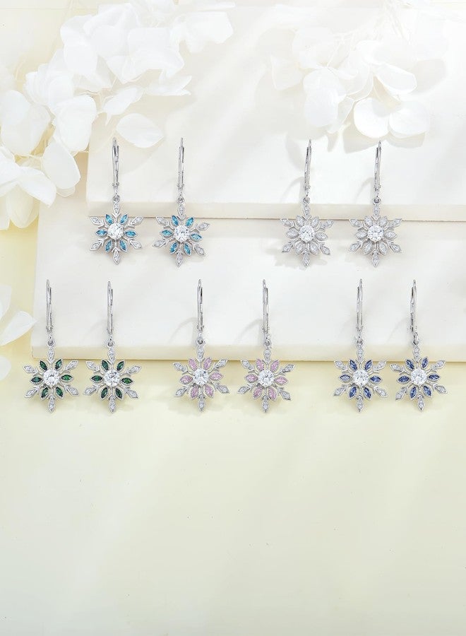 YL Blue Aquamarine Snowflake Christmas Winter Earrings for Women, Solid Sterling Silver 18K White Gold Plated Created Birthstone Dangle Leverback Jewelry - Image 2