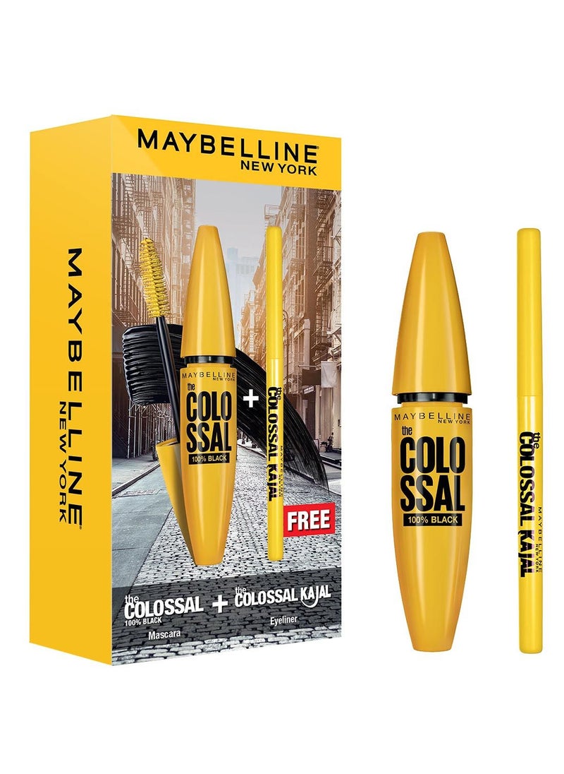 MAYBELLINE NEW YORK مجموعة مكونة من قطعتين: Colossal 100% Black + قلم تحديد عيون Colossal Kajal مجانًا  - Image 1