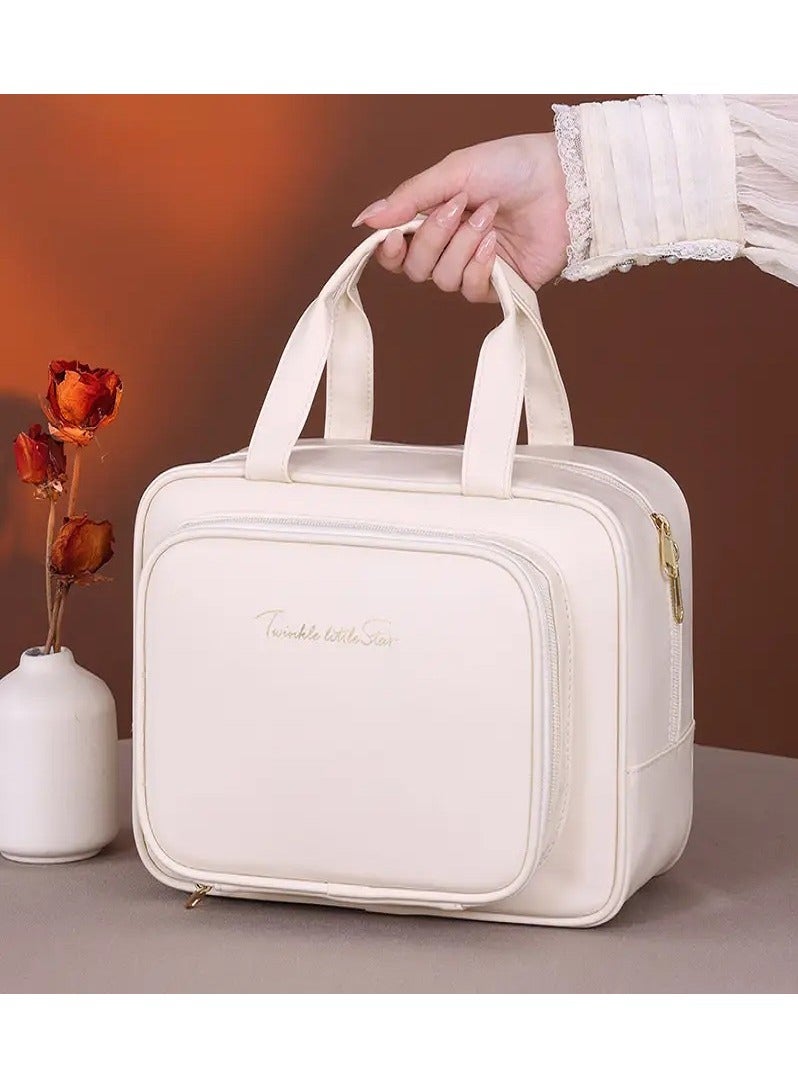 Multi-Layer Large-Capacity Cosmetic Bag – Elegant Light Cream Design – Lightweight and Portable, Perfect for Travel and Daily Use – Features Separate Compartments, Zipper Closure, and a Durable Handle – Professional and Personal Makeup Storage Solution – Scratch-Resistant with a Smooth Finish Travel Makeup Bag Makeup Organizer Women's Cosmetic Bag Faux Leather Makeup Case Black Makeup Bag Portable Makeup Box Brush Storage Pouch Beauty Essentials Bag - Image 1