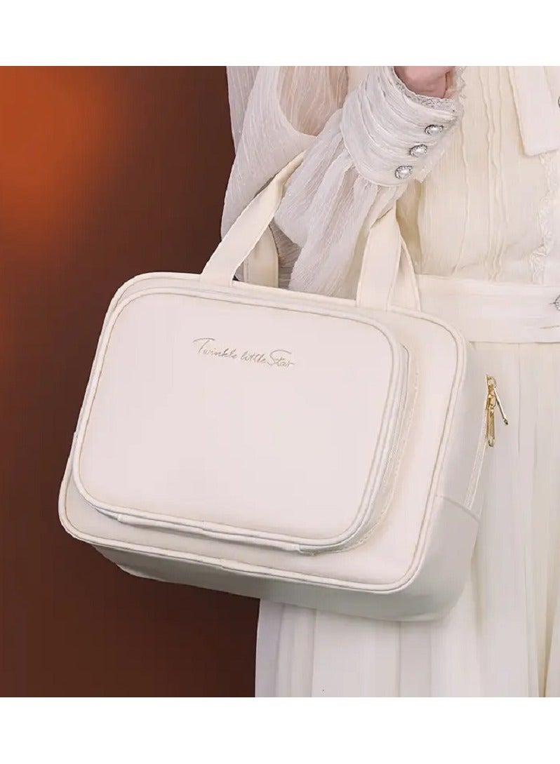 Multi-Layer Large-Capacity Cosmetic Bag – Elegant Light Cream Design – Lightweight and Portable, Perfect for Travel and Daily Use – Features Separate Compartments, Zipper Closure, and a Durable Handle – Professional and Personal Makeup Storage Solution – Scratch-Resistant with a Smooth Finish Travel Makeup Bag Makeup Organizer Women's Cosmetic Bag Faux Leather Makeup Case Black Makeup Bag Portable Makeup Box Brush Storage Pouch Beauty Essentials Bag - Image 2