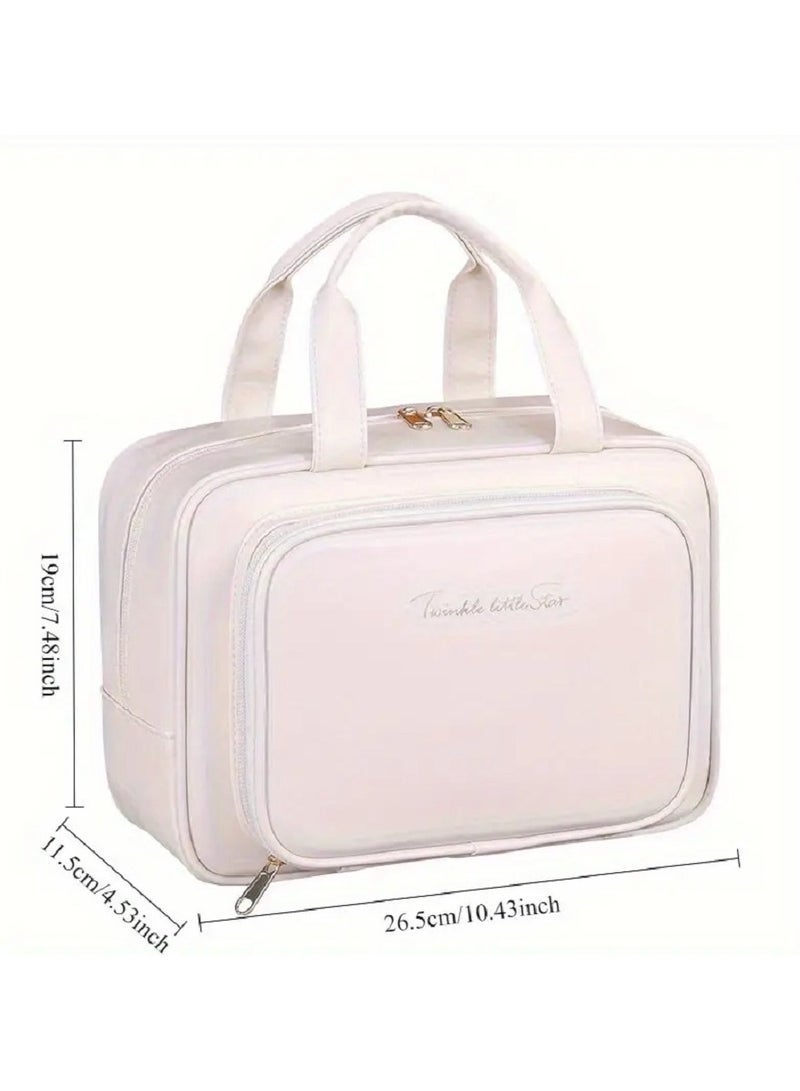 Multi-Layer Large-Capacity Cosmetic Bag – Elegant Light Cream Design – Lightweight and Portable, Perfect for Travel and Daily Use – Features Separate Compartments, Zipper Closure, and a Durable Handle – Professional and Personal Makeup Storage Solution – Scratch-Resistant with a Smooth Finish Travel Makeup Bag Makeup Organizer Women's Cosmetic Bag Faux Leather Makeup Case Black Makeup Bag Portable Makeup Box Brush Storage Pouch Beauty Essentials Bag - Image 3