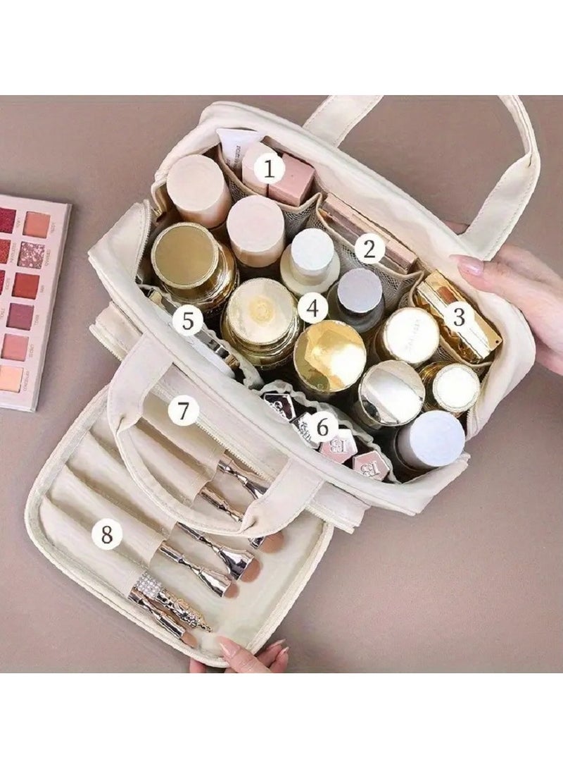 Multi-Layer Large-Capacity Cosmetic Bag – Elegant Light Cream Design – Lightweight and Portable, Perfect for Travel and Daily Use – Features Separate Compartments, Zipper Closure, and a Durable Handle – Professional and Personal Makeup Storage Solution – Scratch-Resistant with a Smooth Finish Travel Makeup Bag Makeup Organizer Women's Cosmetic Bag Faux Leather Makeup Case Black Makeup Bag Portable Makeup Box Brush Storage Pouch Beauty Essentials Bag - Image 4