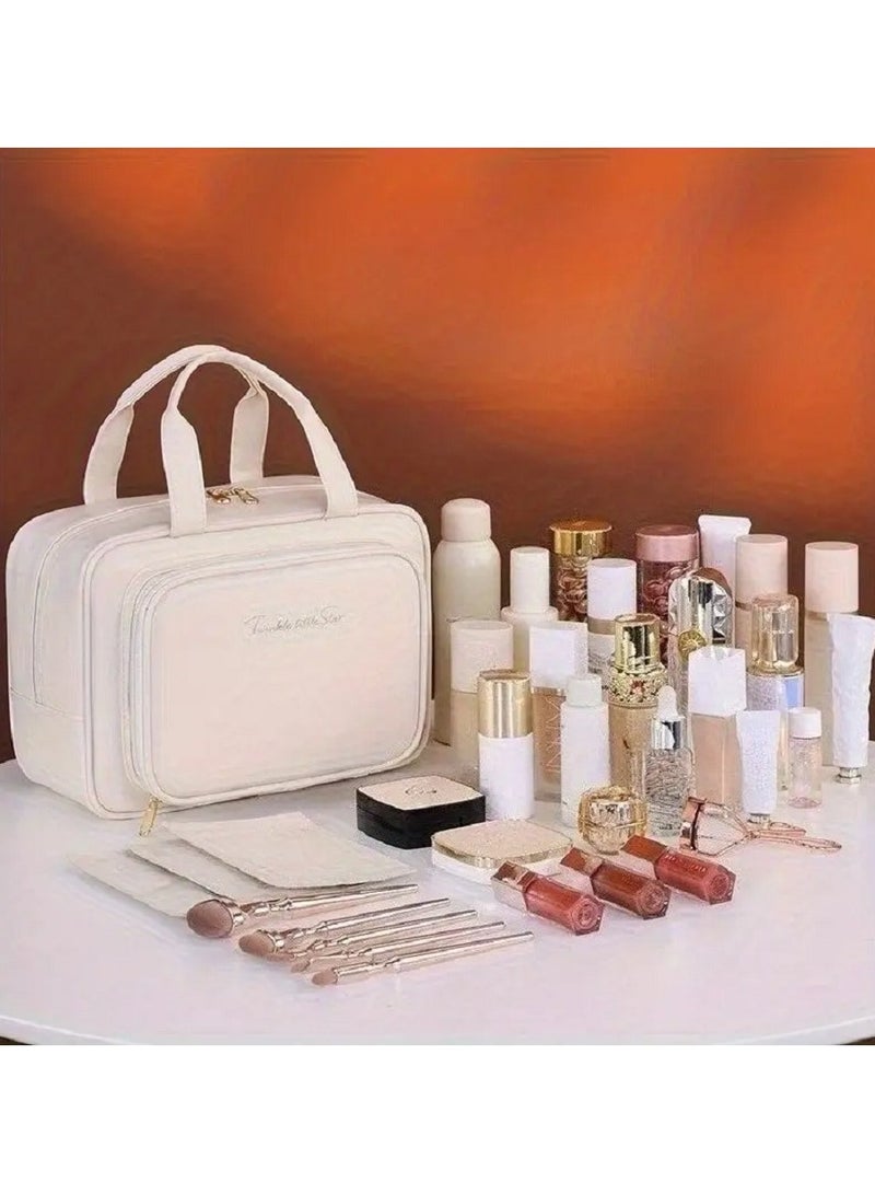 Multi-Layer Large-Capacity Cosmetic Bag – Elegant Light Cream Design – Lightweight and Portable, Perfect for Travel and Daily Use – Features Separate Compartments, Zipper Closure, and a Durable Handle – Professional and Personal Makeup Storage Solution – Scratch-Resistant with a Smooth Finish Travel Makeup Bag Makeup Organizer Women's Cosmetic Bag Faux Leather Makeup Case Black Makeup Bag Portable Makeup Box Brush Storage Pouch Beauty Essentials Bag - Image 5