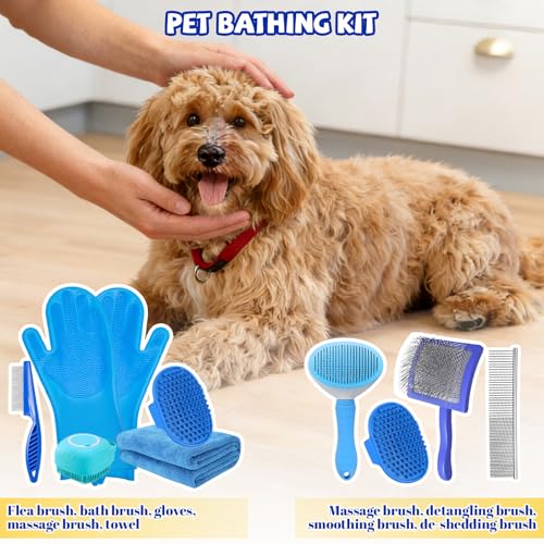 Grnheat 8PCS Dog Slicker Brush for Dogs Grooming Kit,Bath Grooming Kit for Pets,Hair Brush Set with Towel,Washing Gloves,Slicker Comb,and Shampoo Scrubber Brush for Small and Large Dogs and Cats(Blue) - Image 3