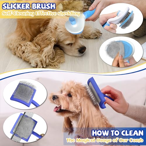 Grnheat 8PCS Dog Slicker Brush for Dogs Grooming Kit,Bath Grooming Kit for Pets,Hair Brush Set with Towel,Washing Gloves,Slicker Comb,and Shampoo Scrubber Brush for Small and Large Dogs and Cats(Blue) - Image 5