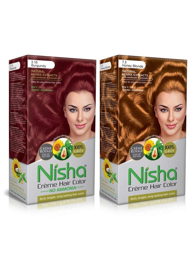 Nisha Creme Hair Color Combo Pack Burgundy & Honey Blonde Rich Bright Long Lasting Shine Hair Colour (60Gm + 90Ml + 18Ml Nisha Conditioner) … - Image 1