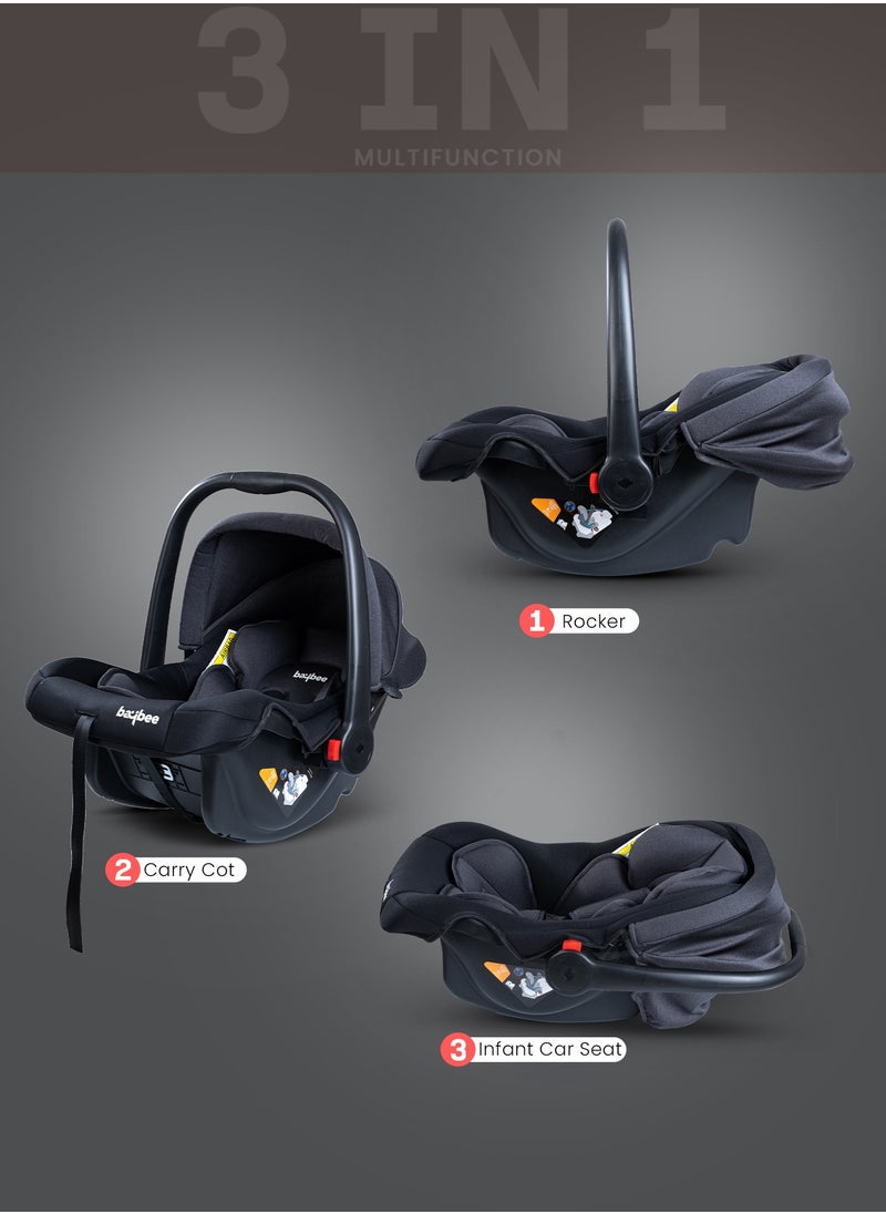BAYBEE - 3 in 1 Multi Purpose Baby Carry Cot n Car Seat with Handle, Canopy, Adjustable Handle, 3 Point Safety Belt Rocker for Infant Baby Carry Cot for New Born Baby 0 to 15 Months Black - Image 1