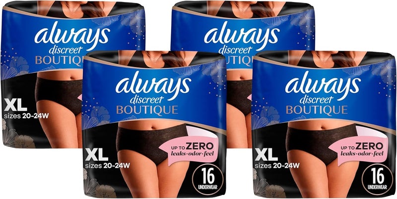 Always Discreet Boutique Incontinence and Postpartum Underwear for Women Maximum Protection XL Black 16 Count Pack of 4 - Image 1