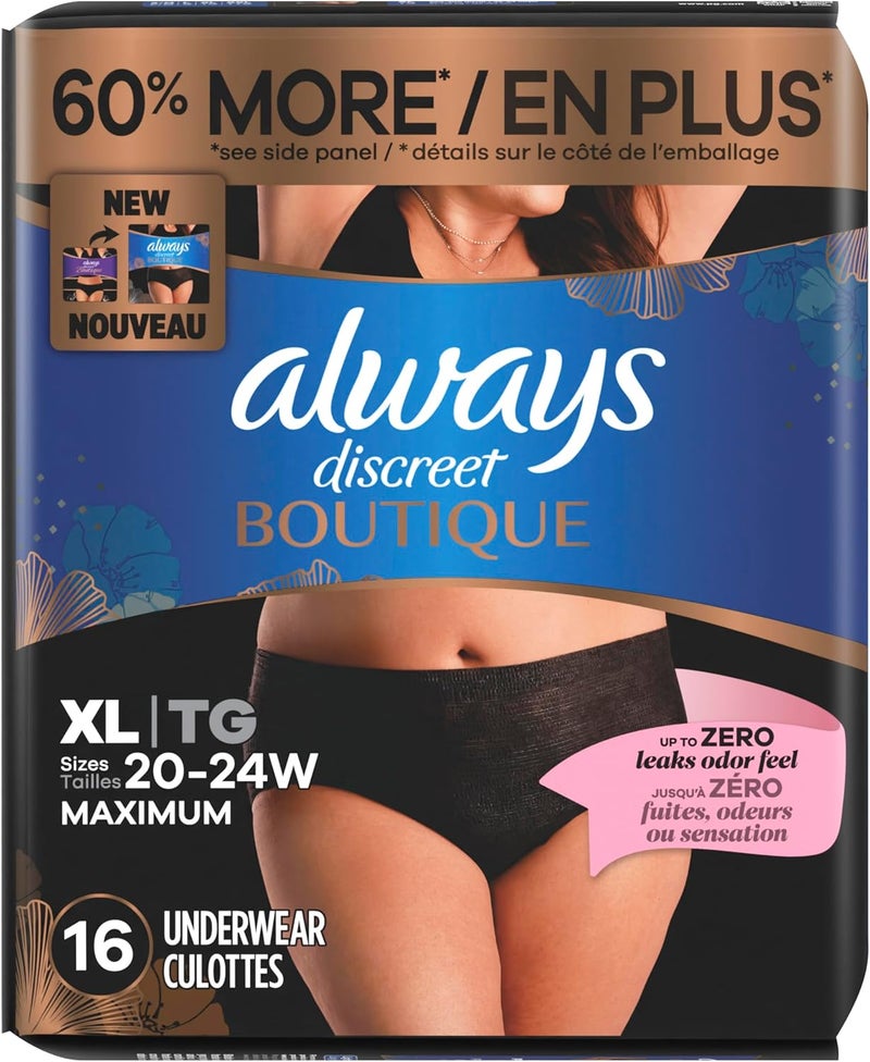 Always Discreet Boutique Incontinence and Postpartum Underwear for Women Maximum Protection XL Black 16 Count Pack of 4 - Image 2