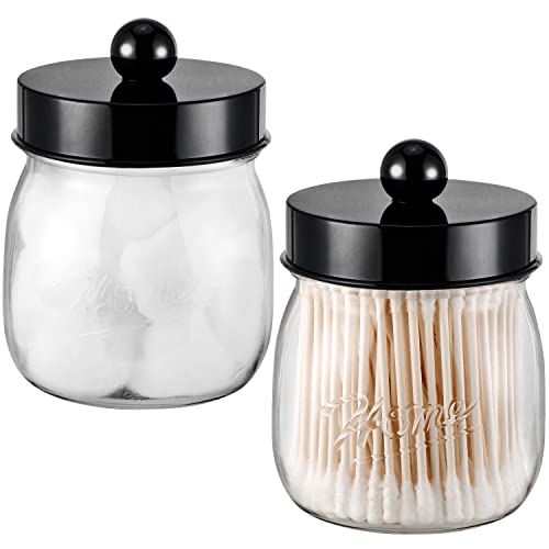 SheeChung Farmhouse Decor Apothecary Jar Set,Mason Jar Bathroom Vanity Storage Organizer Canister - Qtip Holder Plastic Acrylic Jar for Cotton Swabs,Cotton Pads,Floss Picks,Paper Clips,Hair Clips(2 Pack,Black) - Image 1