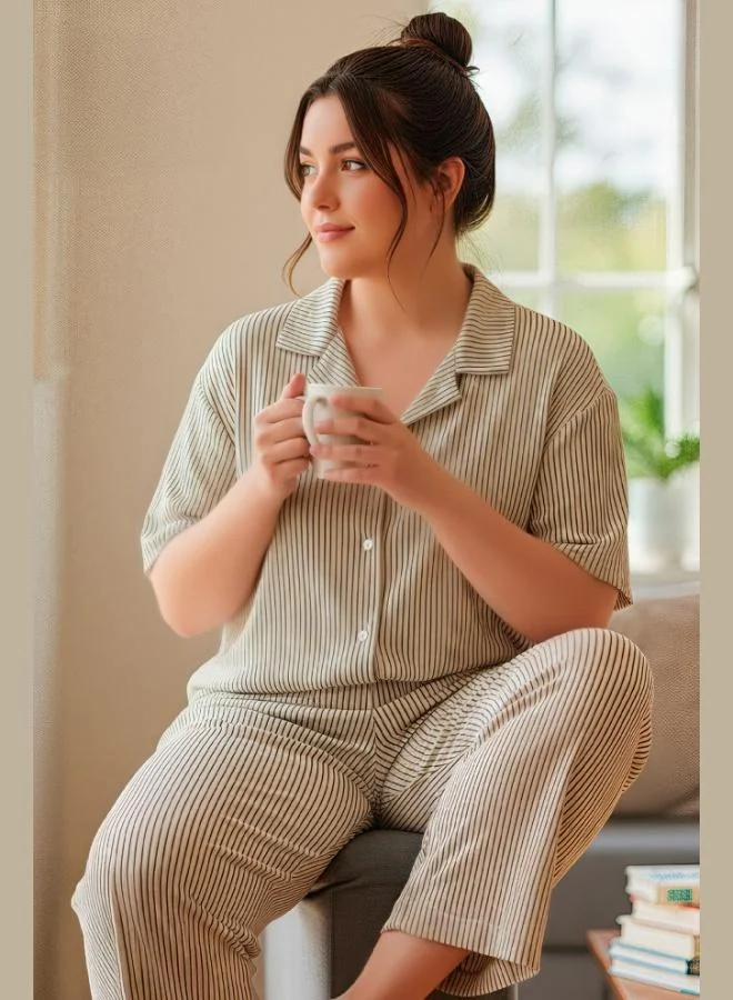 Lela Lela Plus Size Patterned Regular Fit Buttoned Soft Textured Pajama Set Women's PAJAMA SET 65750501