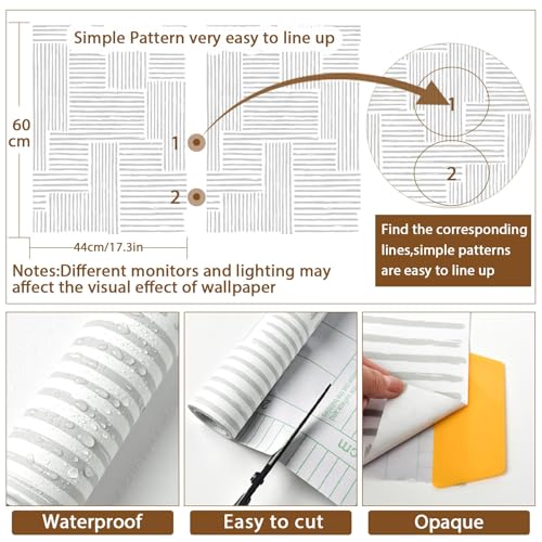 Naphite Grey Modern Peel and Stick Wallpaper Boho Striped Line Contact Paper for Cabinets Drawers Geometric Self Adhesive Removable Wallpaper for Bedroom Bathroom Waterproof Wall Decor 17.3inW 78.7inL - Image 2
