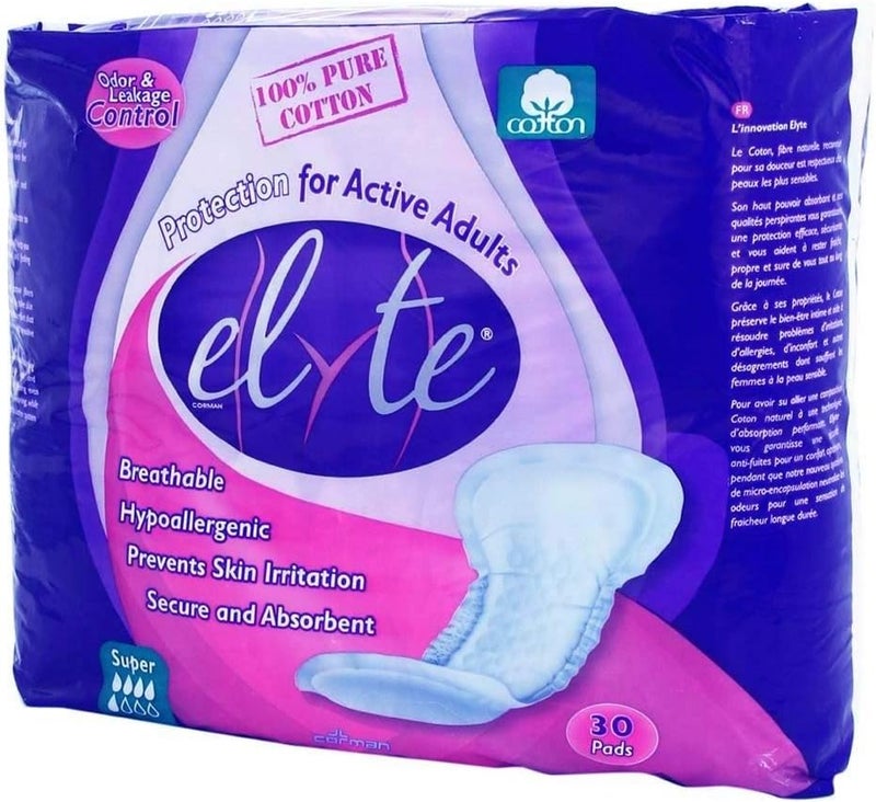 Elyte Cotton Incontinence Pads, Super, Case/120 (4/30s)