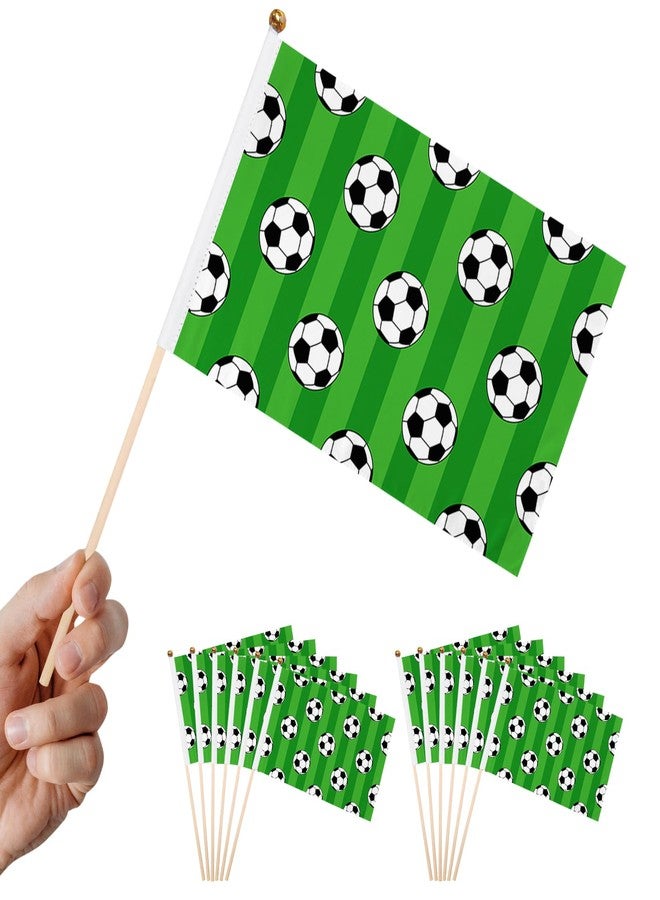 12 Pack Soccer Ball On Green Stripes Mini Flags Inserted on Stick Small Mini Handheld Flag 5 x 8 Inch for Club Sports Celebration Parades Decor with Safety Spear Top - Image 1