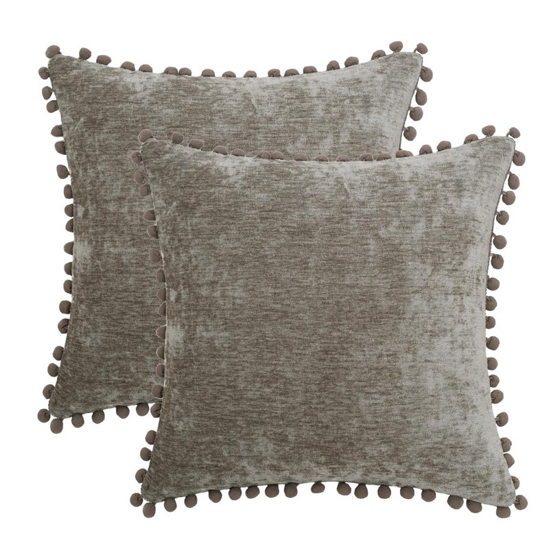 Hwy 50 Covative Throw Pillow Coverts Set Cushion With with Pom Poms Pack of 2 Chenille Solid Soft Pillowcase لأريكة أريكة غرفة المعيشة 20 × 20 بوصة رمادية رمادية - Image 1