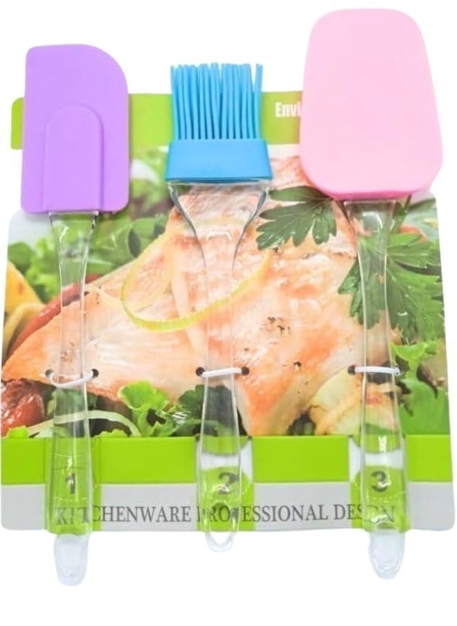 3 Piece Silicone Cooking Utensil Set with Acrylic Handle (Spoon - Brush - Scraper)