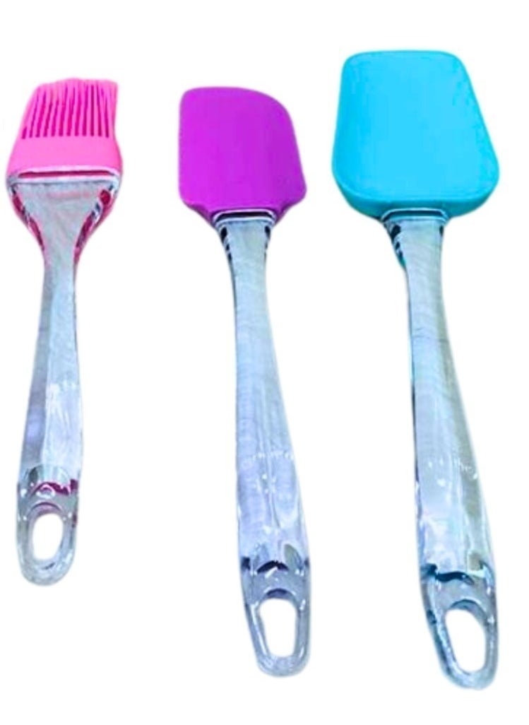 3 Piece Silicone Cooking Utensil Set with Acrylic Handle (Spoon - Brush - Scraper)