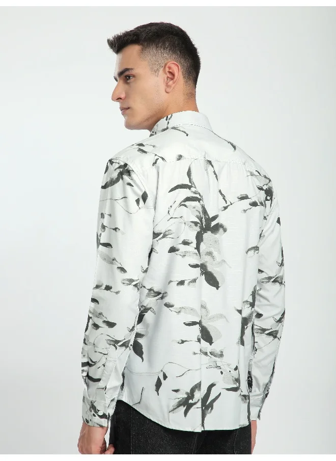 Beyoung Light Grey Abstract Floral Printed Shirt