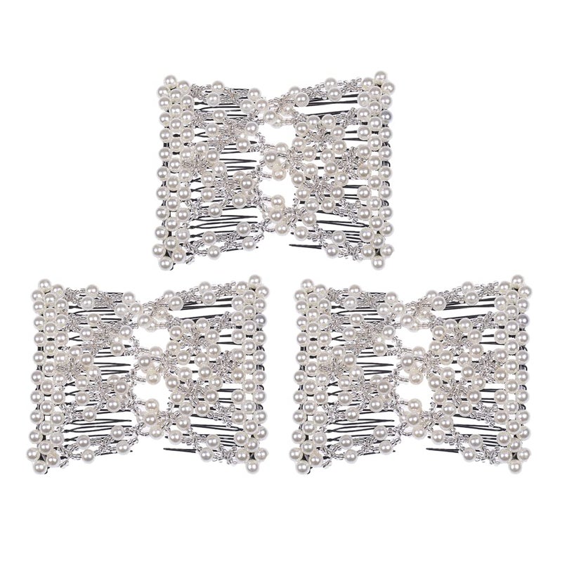 LOVEF3 Pcs Fashion Exquisite Beaded Easy Stretchable Combs Flower Pearl Double Hair Combs Magic Crystal Double Clips Insert Combs for Lady Women Girls - Image 1