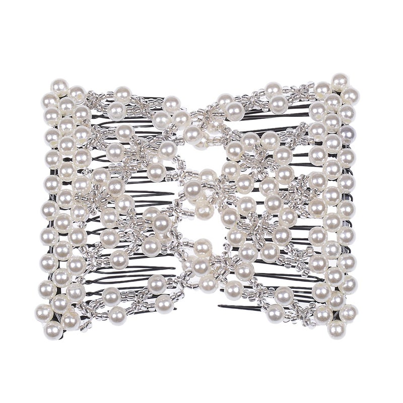 LOVEF3 Pcs Fashion Exquisite Beaded Easy Stretchable Combs Flower Pearl Double Hair Combs Magic Crystal Double Clips Insert Combs for Lady Women Girls - Image 2