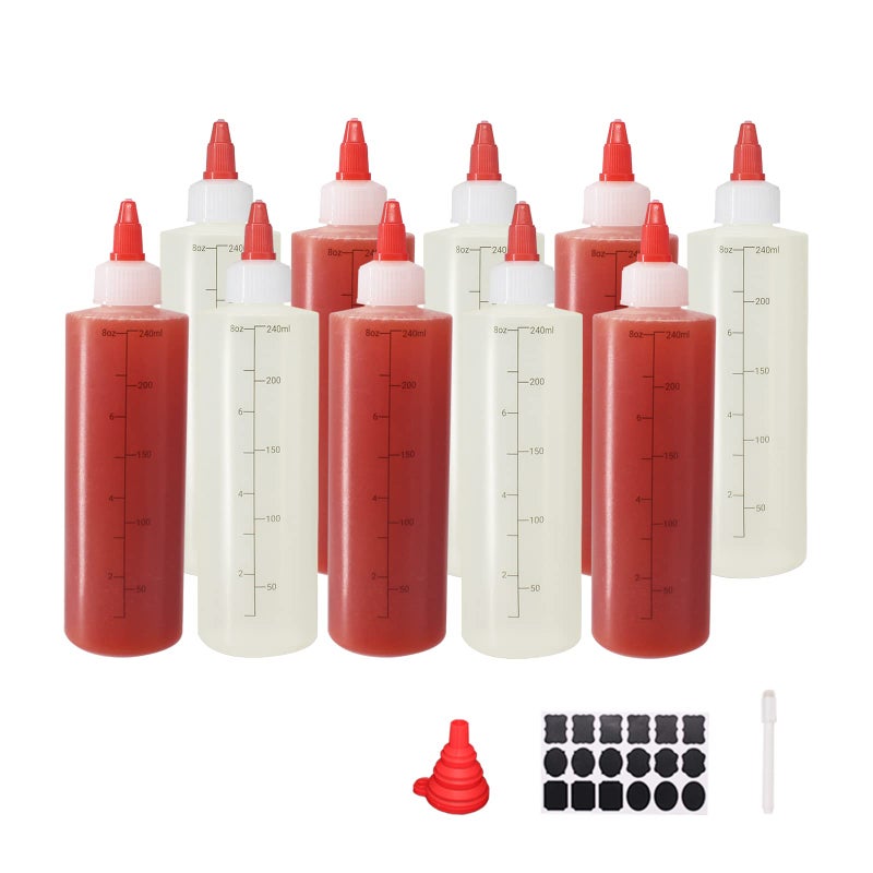 Belinlen 10 Pack 8 oz Graduated Plastic Squeeze Squirt Condiment Bottles with Red Twist On Cap Lids  for Condiments Oil Icing Liquidswith Extra 1 Silicone Funnel 18 Chalk Labels and 1 Pen