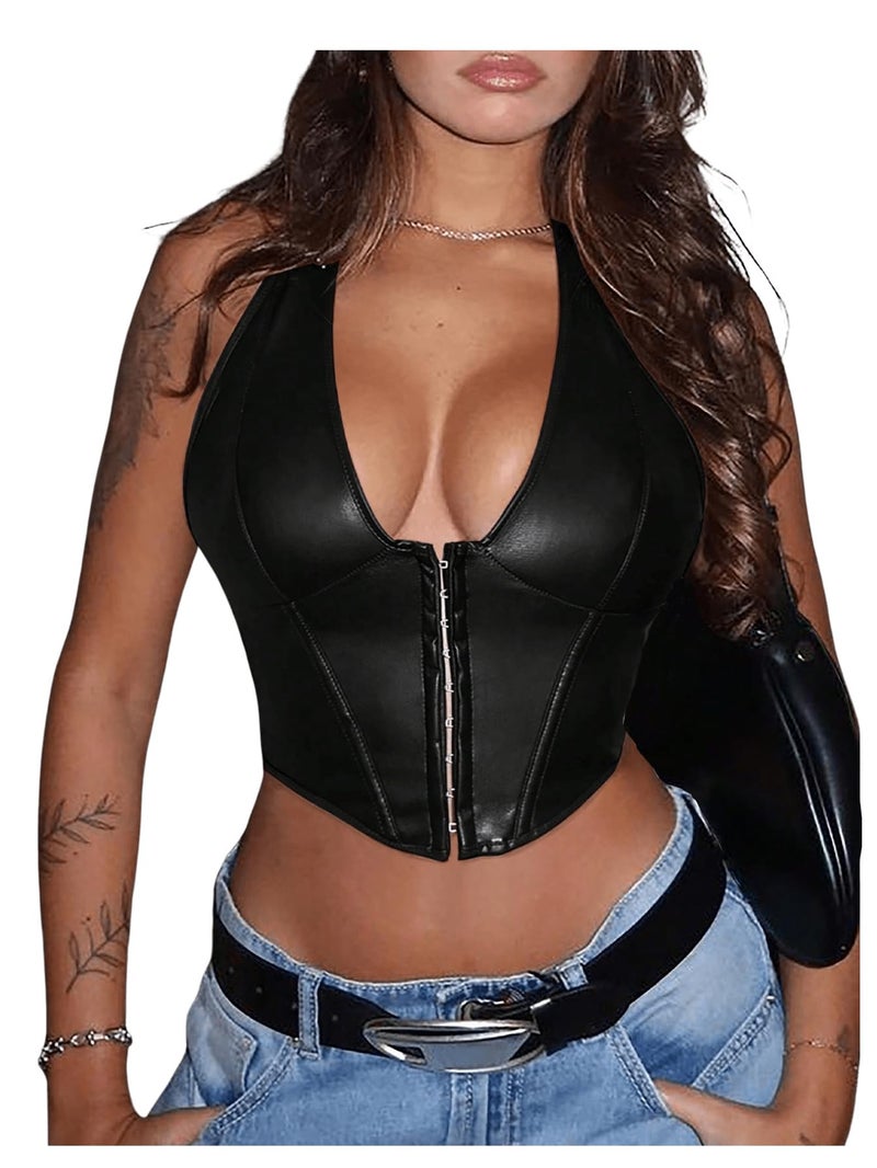 Floerns Women's Y2K PU Leather Halter Neck Hook Eye Backless Asymmetrical Party Crop Tank Top Black Medium - Image 1