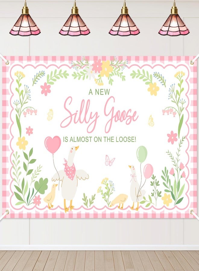 Avezano Goose Baby Shower Banner A New Silly Goose Is Almost On The Loose Backdrop Plaid Floral Silly Goose Baby Shower Decorations Little Duck Theme Gender Reveal Banner Party Supplies (Pink, 6x3.6ft) - Image 1