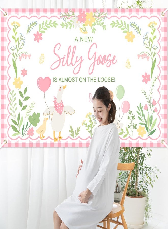 Avezano Goose Baby Shower Banner A New Silly Goose Is Almost On The Loose Backdrop Plaid Floral Silly Goose Baby Shower Decorations Little Duck Theme Gender Reveal Banner Party Supplies (Pink, 6x3.6ft) - Image 3