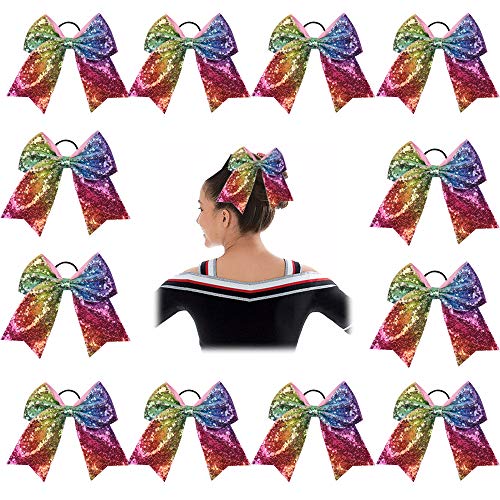 Oaoleer 12PCS 7" Large Glitter Cheer Hair Bows Ponytail Holder Elastic Band Handmade for Cheerleading Teen Girls College Sports (Rainbow) - Image 1