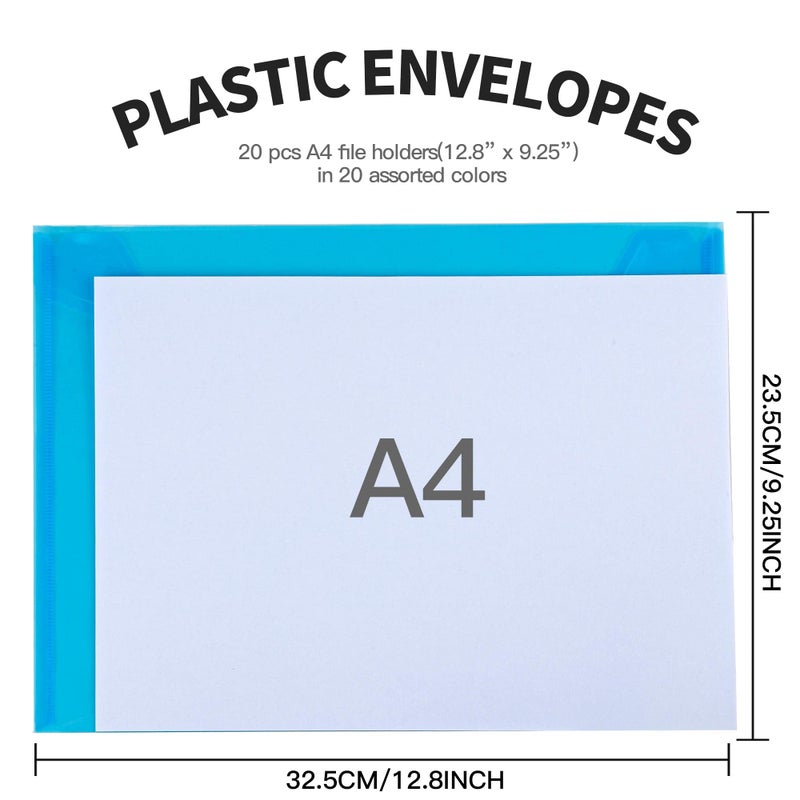 LEOBRO Plastic File Folders for Documents, 20 PCS Plastic Envelopes, Reusable File Folders File Bags Document Holder, Document Files, A4 Size - Image 2