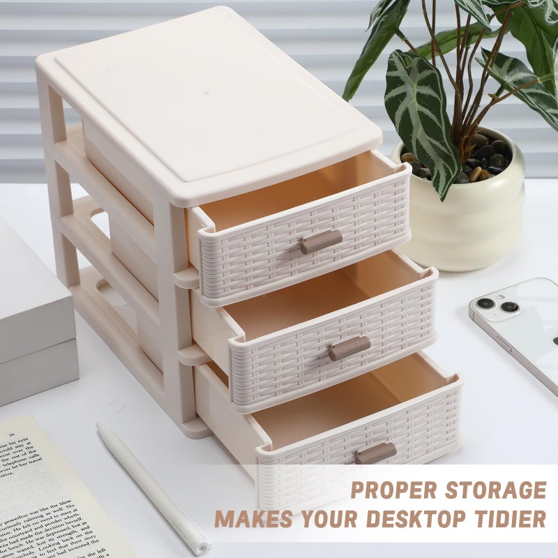 AceOrbit Small Storage Desk Drawer 3 Drawers Plastic Storage Mini White Plastic Weave Drawer Unit with Pull Handles Desk Organizer Small Bin Container for Office Supplies Craft Countertop Makeup Bathroom - Image 3