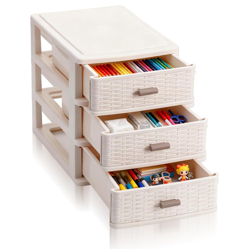 AceOrbit Small Storage Desk Drawer 3 Drawers Plastic Storage Mini White Plastic Weave Drawer Unit with Pull Handles Desk Organizer Small Bin Container for Office Supplies Craft Countertop Makeup Bathroom - Image 1