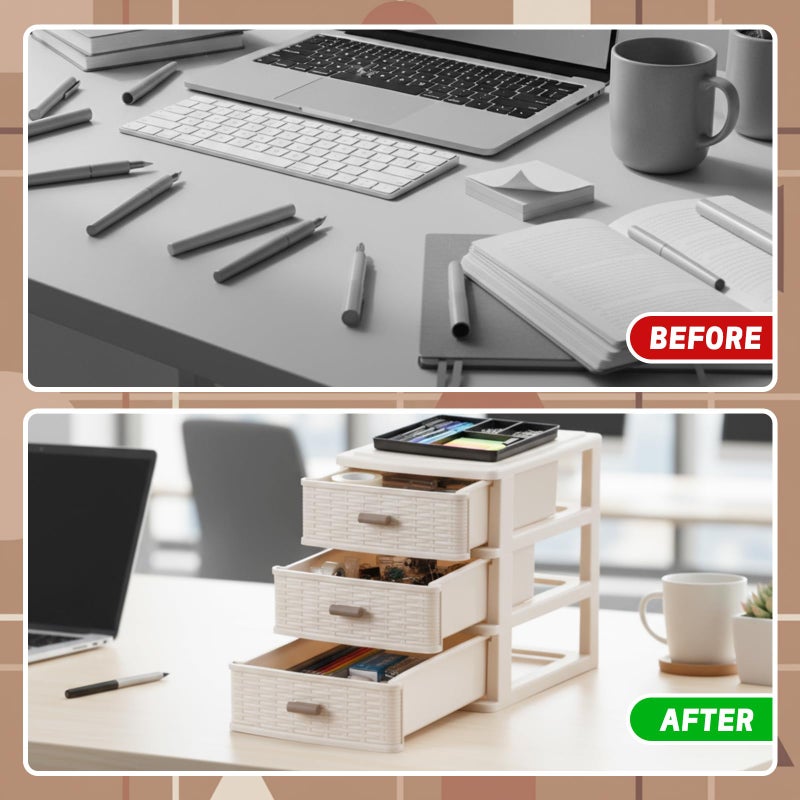 AceOrbit Small Storage Desk Drawer 3 Drawers Plastic Storage Mini White Plastic Weave Drawer Unit with Pull Handles Desk Organizer Small Bin Container for Office Supplies Craft Countertop Makeup Bathroom - Image 4