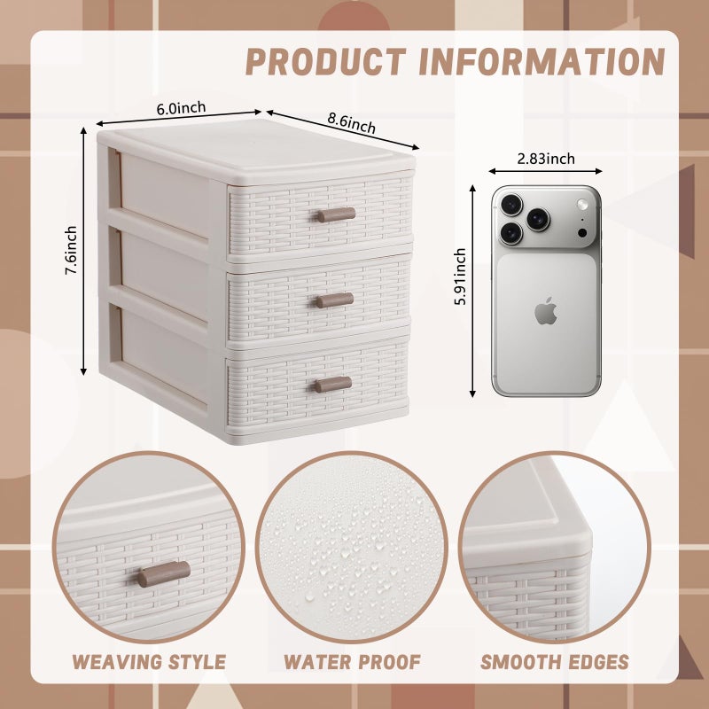 AceOrbit Small Storage Desk Drawer 3 Drawers Plastic Storage Mini White Plastic Weave Drawer Unit with Pull Handles Desk Organizer Small Bin Container for Office Supplies Craft Countertop Makeup Bathroom - Image 2