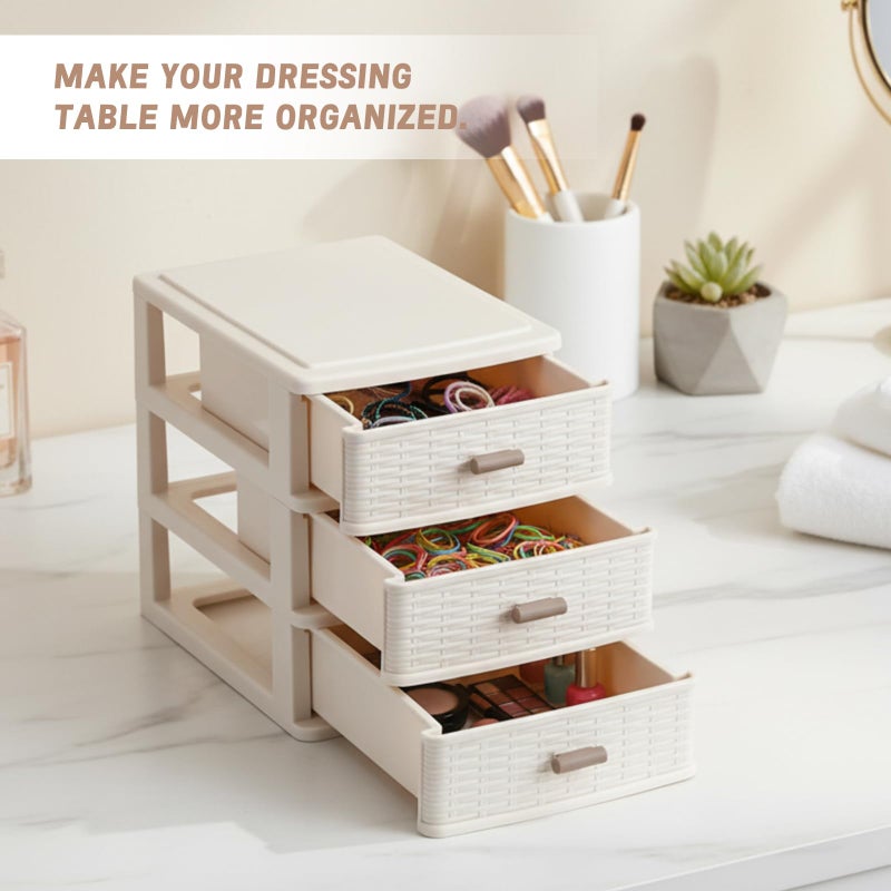 AceOrbit Small Storage Desk Drawer 3 Drawers Plastic Storage Mini White Plastic Weave Drawer Unit with Pull Handles Desk Organizer Small Bin Container for Office Supplies Craft Countertop Makeup Bathroom - Image 5