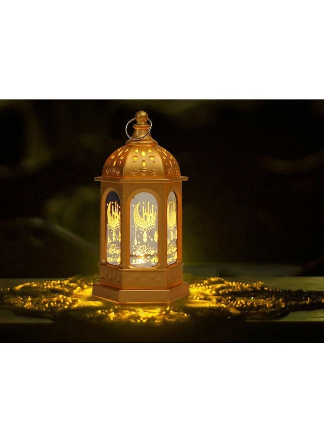 Hitopin 2 Pieces Ramadan Lantern Decoration, Ramadan Candle Lantern, LED Eid Mubarak Lamp, Ramadan Lantern Decor, Hanging Ramadan Lamp, for Home Tabletop Decor Creative Party Supplies (Gold) - Image 2