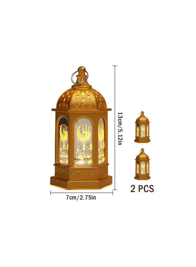 Hitopin 2 Pieces Ramadan Lantern Decoration, Ramadan Candle Lantern, LED Eid Mubarak Lamp, Ramadan Lantern Decor, Hanging Ramadan Lamp, for Home Tabletop Decor Creative Party Supplies (Gold) - Image 3