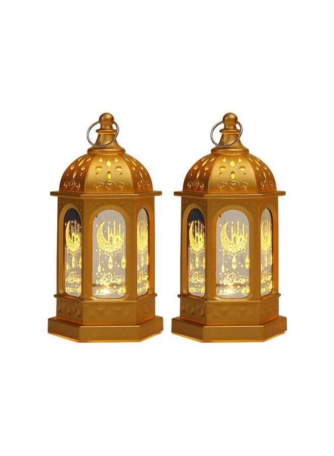 Hitopin 2 Pieces Ramadan Lantern Decoration, Ramadan Candle Lantern, LED Eid Mubarak Lamp, Ramadan Lantern Decor, Hanging Ramadan Lamp, for Home Tabletop Decor Creative Party Supplies (Gold) - Image 1