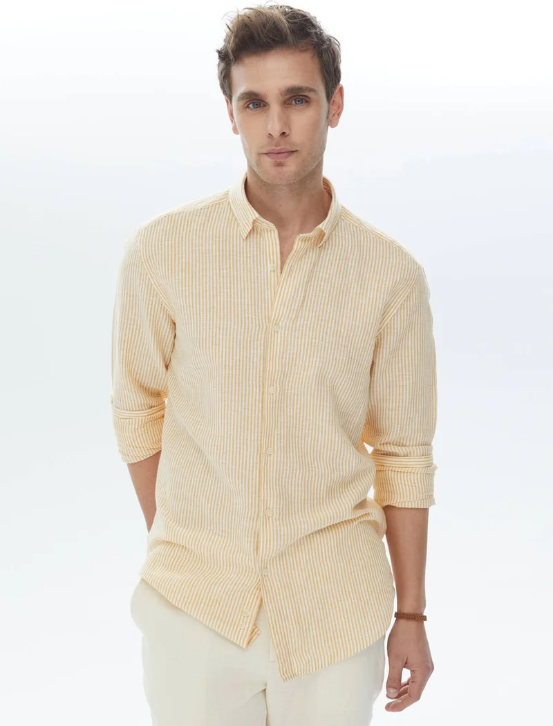 Kip Saffron Striped Regular Fit Woven Casual Cotton Blend Shirt