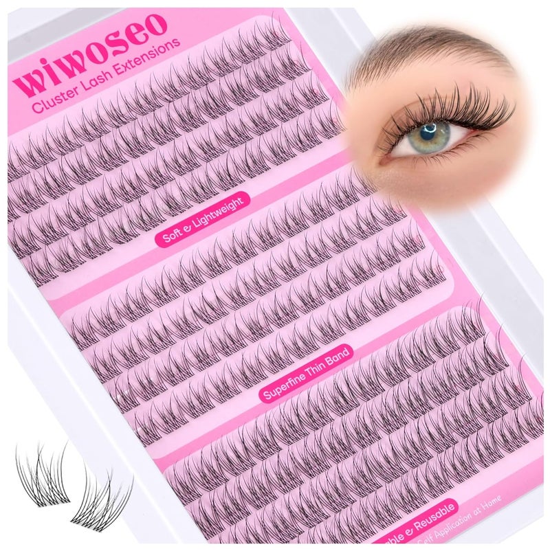wiwoseo Clear Band Lash Clusters Natural Eyelash Clusters Lashes Natural Look 144pcs Individual Lashes Cluster Eyelash Extensions Wispy Lash Clusters Clear Band Lash Extension (9-11MM)