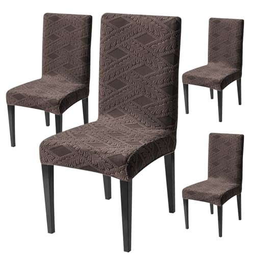 House of Quirk Stretchable Jacquard Chair Cover – 220 GSM Universal Fit Dining Seat Slipcover, Washable & Removable Protector (Brown, Pack of 4) - Image 1