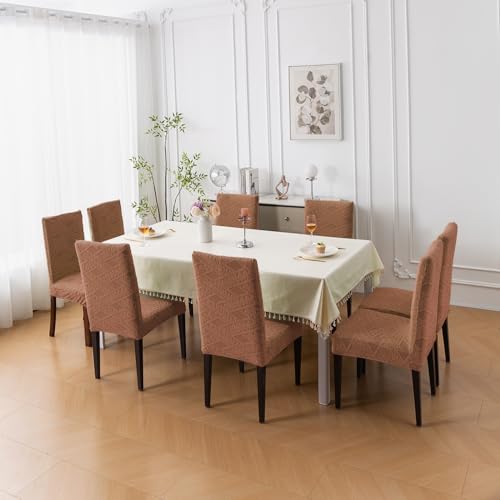 House of Quirk Stretchable Jacquard Chair Cover – 220 GSM Universal Fit Dining Seat Slipcover, Washable & Removable Protector (Brown, Pack of 4) - Image 4