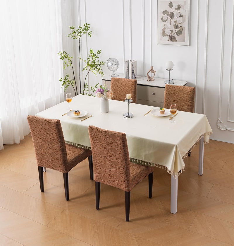 House of Quirk Stretchable Jacquard Chair Cover – 220 GSM Universal Fit Dining Seat Slipcover, Washable & Removable Protector (Brown, Pack of 4) - Image 2